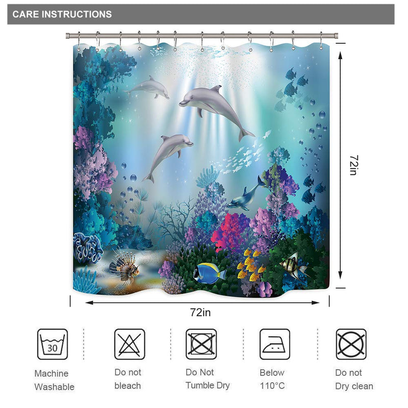 Riyidecor Dolphin Shower Curtain Underwater Algaes Coral Reefs Sunbeam Tropical Fish Marine Wildlife Ocean Animal Seabed Bathroom Decor Fabric Polyester Waterproof 72Wx72H Inch 12 Pack Plastic Hooks - NewNest Australia