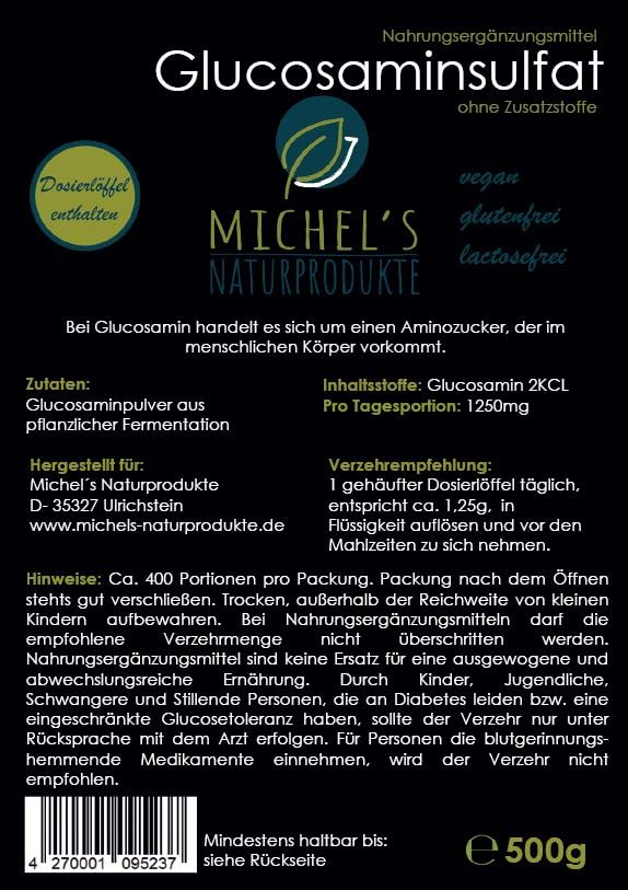 Michel'Naturprodukte Glucosamine Sulfate Powder 1kg (2x500g) - Pure Glucosamine Vegan - From Vegetable Fermentation - Glucosamine Premium Quality 500 g (Pack of 2) - NewNest Australia