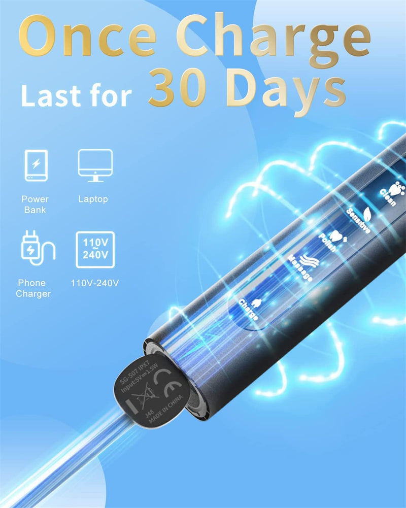 Seago Sonic Electric Toothbrush 507 for Adults, 40,000VPM Ultrasonic Rechargeable Toothbrushes with Smart Timer, 4 Dupont Brush Heads, 5 Cleaning Modes, IPX7 Waterproof (SG-507 Black) Sg-507 Black - NewNest Australia