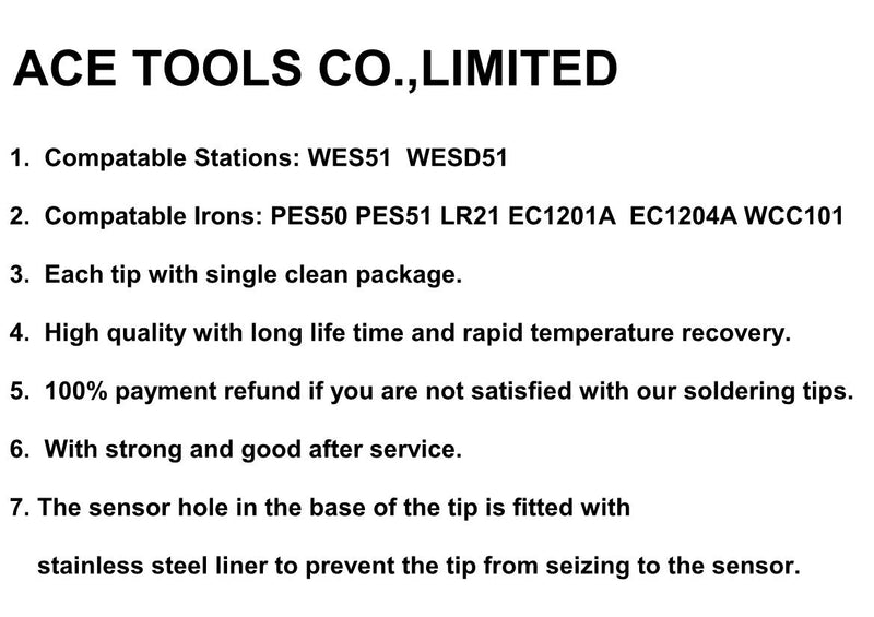 10 PCS Weller ET Replacement Soldering Tips for WE1010 / WE1010NA WES51/50 WESD51 PES51 / 50 LR21 Solder Iron Tip, ETS/L/KN/T/X/R/A/B/C/D (Brand"ACE") - NewNest Australia