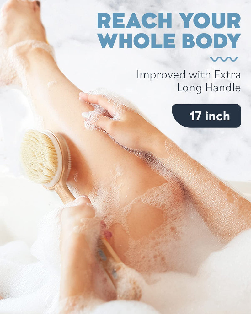 Hedonio Body Brush Long Handle, Back Scrubber for Bath and Shower Exfoliating Skin, Double-Sided, Body Scrub Brush, Dry Brush and Wet in Bath, Massage, Natural Stiff Bristle, Soft Wood Black - NewNest Australia