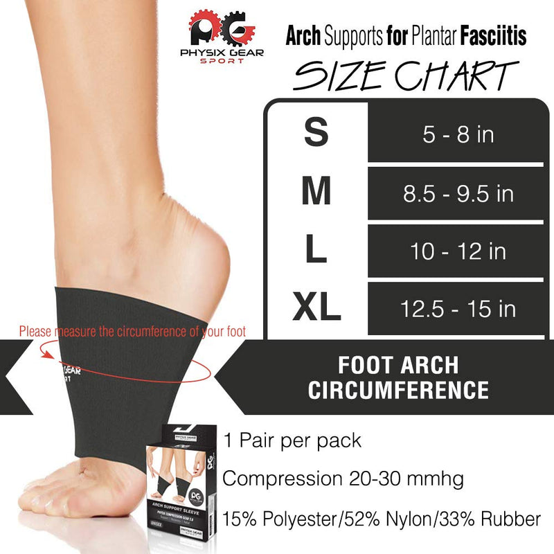 Physix Gear Sport Arch Supports for Plantar Fasciitis Relief (1 Pair) - Unisex Foot Sleeve Arch Support for Flat Feet, Plantar Fasciitis Wrap, Arch Compression Support Sleeves, Metatarsal Foot Wrap S | 5"-8" Arch Circumference Black (1 Pair) - NewNest Australia