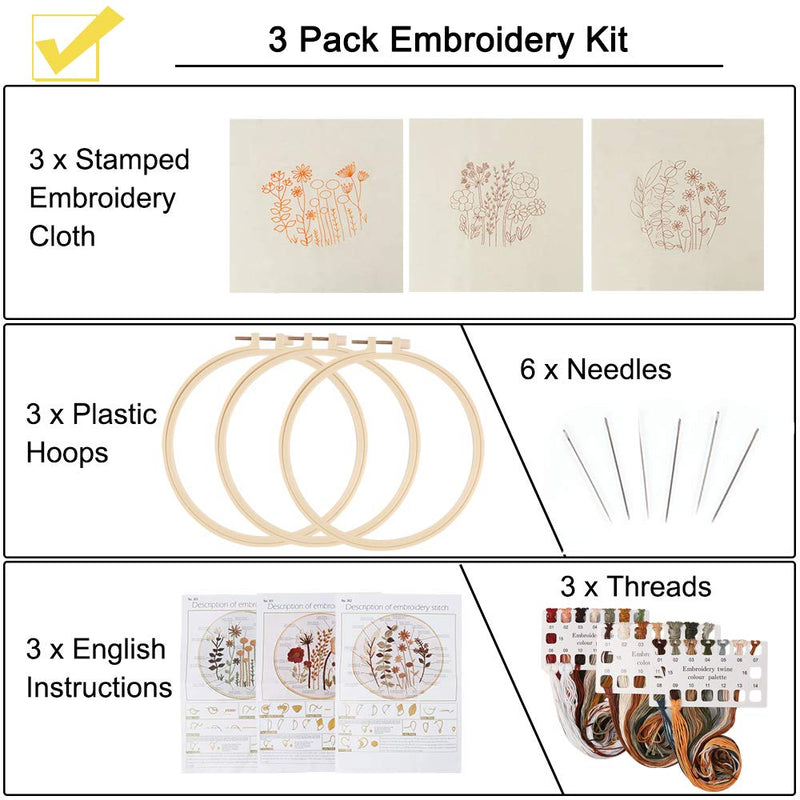 Uphome 3 Pack Embroidery Starter Kit for Beginners Stamped Cross Stitch Kits with Cute Flowers and Plants Patterns with Embroidery Hoops and Color Threads for Adults Kids - NewNest Australia