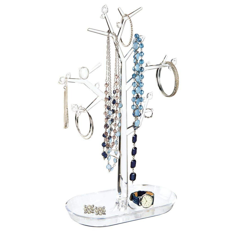 mDesign Decorative Plastic Fashion Jewelry Accessory Organizer Tower with Hooks and Storage Tray - Holds and Displays Necklaces, Chokers, Bracelets, Rings, Earrings - Tree Stand Design - Clear - NewNest Australia