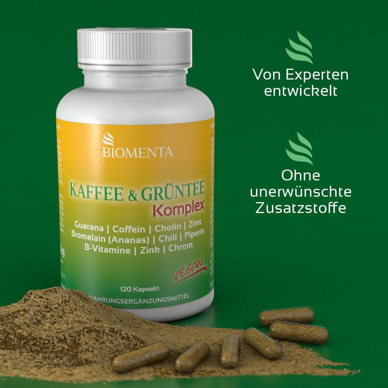 Biomenta Coffee & Green Tea Complex - With Green Tea, Green Coffee, Guarana, Caffeine, Choline, Cinnamon, Bromelain, Chilli, Piperine And More - 120 Vegan Capsules - NewNest Australia