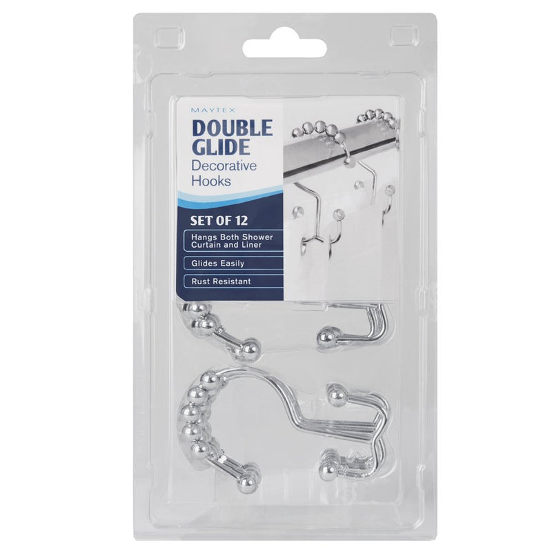 Maytex Shower Curtain Hooks Rust-Resistant Metal Double Roller Glide, Rings for Bathroom, Set of 12, Chrome - NewNest Australia