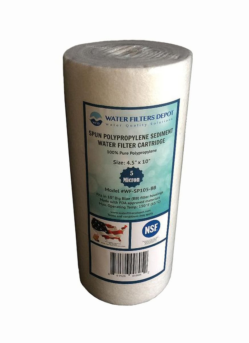 WFD, WF-SP105-BB 4.5"x10" 5 Micron Sediment Water Filter Cartridge, Spun Polypropylene by, Fits in 10" Big Blue (BB) Housings of Filtration Systems for Whole House (1 Pack) 1 - NewNest Australia