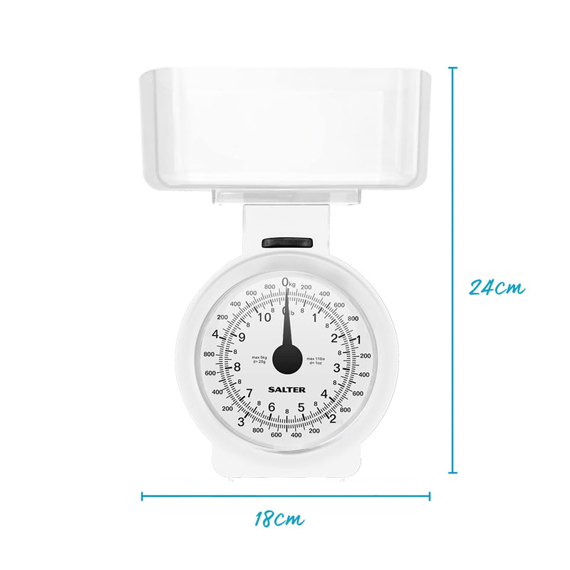 Salter 112 WHWHDR Mechanical Kitchen Scale, 3 KG Maximum Capacity, Analogue, Easy to Read Dial, Dishwasher Safe, Compact Storage, 1 L Detachable Bowl, Battery Free, White single - NewNest Australia