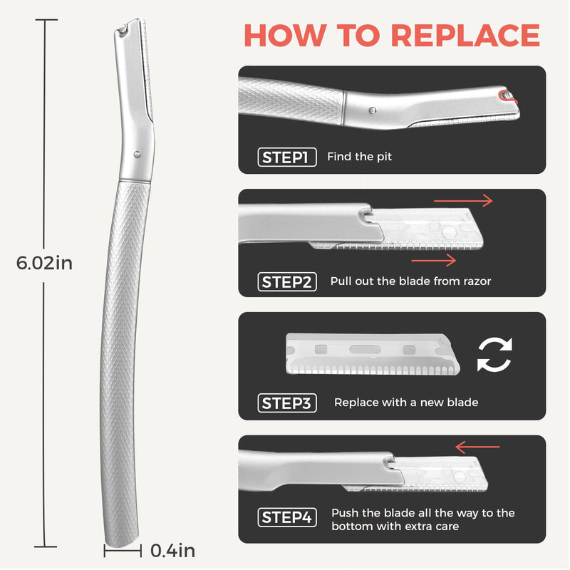 Eyebrow Razor, Reusable Facial Razor for Men & Women, Stainless Steel Eyebrow Trimmer Shaper with Precision Cover, Dermaplaning Tool, Facial Razor with 6 Blades (Silver) Silver - NewNest Australia