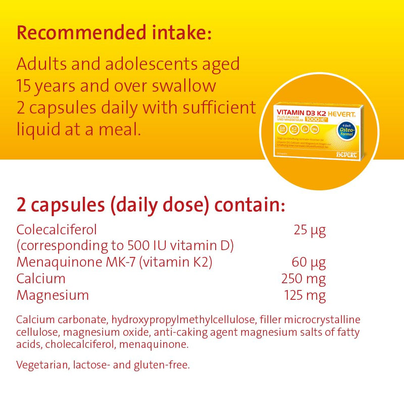 Vitamin D3 K2 Hevert plus calcium and magnesium 1000 IU capsules, 60 capsules - NewNest Australia