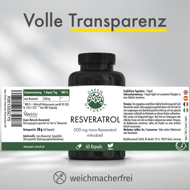 Resveratrol (60 capsules of 500 mg each) from yeast - Austrian production - 100% vegan & without additives - supply for 2 months 60 pieces (pack of 1) - NewNest Australia