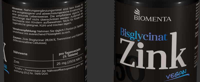 BIOMENTA Zinc 50 - 365 zinc tablets high dosage with 50 mg of pure active ingredient/tablet made from zinc bisglycinate - vegan & divisible - premium quality - NewNest Australia
