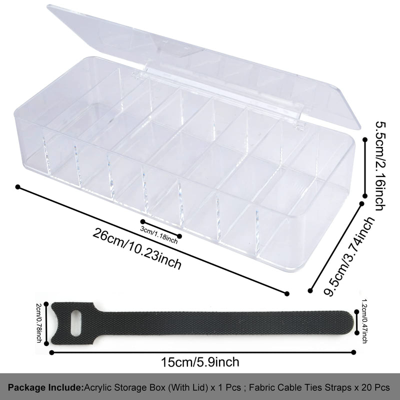 Acrylic Electronics Organizer-8 Sections Clear Cable Storage Bin Box,Cord Management Holder,Desk Storage Accessories with 20 PCS 6 Inch Reusable Fastening Fabric Cable Tie Straps Cord Wraps (With Lid) Box With Lid - NewNest Australia