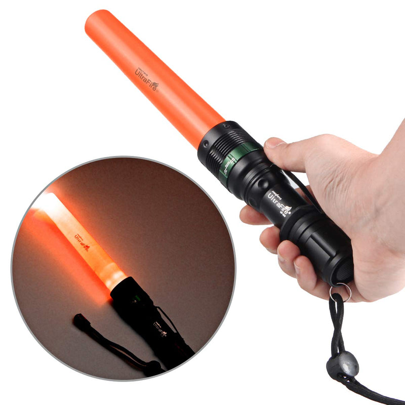 UltraFire 2pc 11-Inch Signal Traffic Wand Safty LED Flashlight 250 Lumen, Red Flashing Mode, Wrist Strap Lanyard, Side Clip, Orange Finish for Kids Outdoor Camping - NewNest Australia