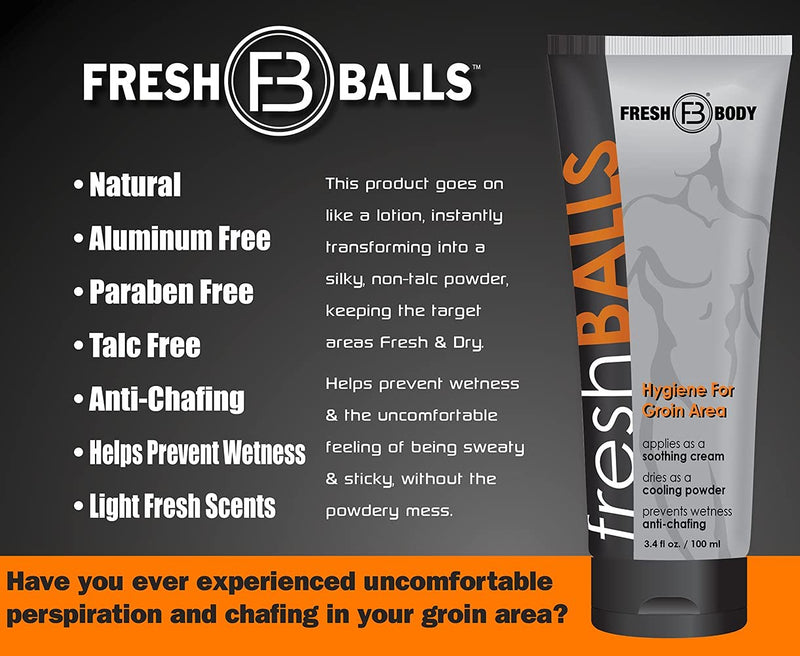 Fresh Body FB - Fresh Balls Lotion, 3.4 fl oz (2 Pack) | Anti-Chafing Men's Soothing Cream to Powder Balls Deodorant and Hygiene for Groin Area - NewNest Australia