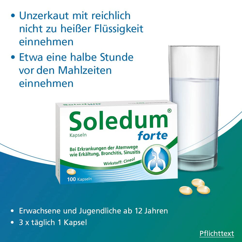 Soledum capsules forte | Cold capsules with cineole for inflammation of the respiratory tract such as bronchitis 50 capsules (Soledum capsules forte, 100 capsules) Soledum capsules forte 100 pieces (pack of 1) - NewNest Australia