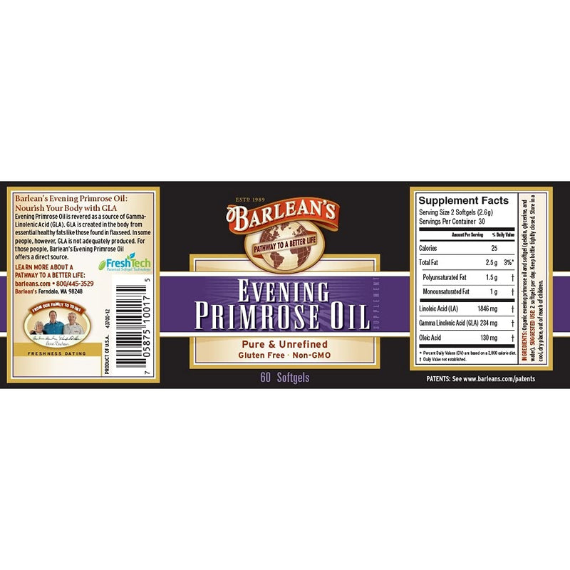 Barlean's Evening Primrose Oil Softgels with Gamma-Linolenic Acid (GLA) - Non-GMO, Gluten-Free - 60-Softgels 60 Count (Pack of 1) - NewNest Australia