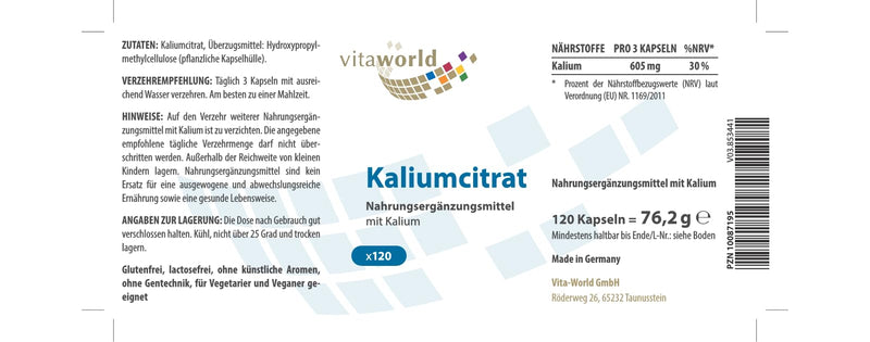vitaworld potassium citrate 605 mg of pure potassium per daily intake, 120 capsules - NewNest Australia