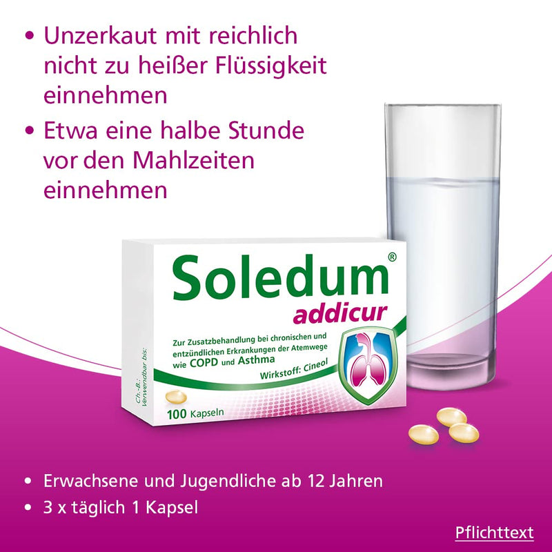 Soledum Addicur | For additional treatment of chronic and inflammatory diseases of the respiratory tract such as COPD and asthma | 100 capsules - NewNest Australia