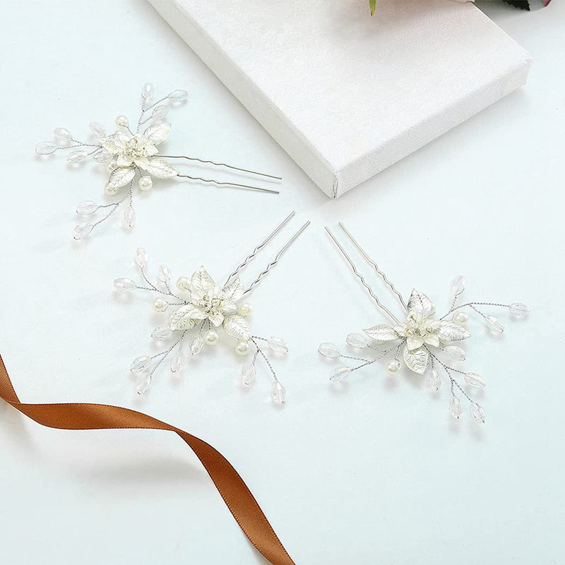3 PCS Bride Wedding Hair Pins Clips Silver Crystal Leaf Flower Pearls Headpieces Bridal Hair Jewelry Accessories for Women, Girl, Lady, Party Wedding Prom - NewNest Australia