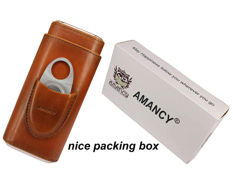 AMANCY Premium 3- Finger Brown Leather Cigar Case, Cedar Wood Lined Cigar Humidor with Silver Stainless Steel Cutter - NewNest Australia