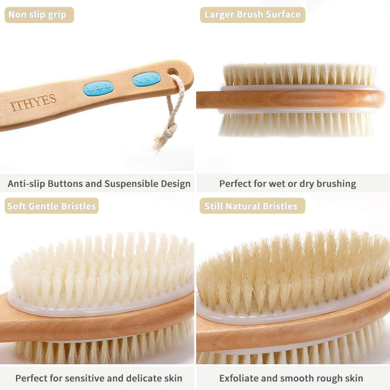 Ithyes Shower Brush with Soft and Stiff Bristles Body Brush Dry Brushing Back Scrubber Bath Brush Wood Long Handle Natural Bristles exfoliating Massage Double-sided Brush Head for Wet/Dry,Loofah Pad - NewNest Australia