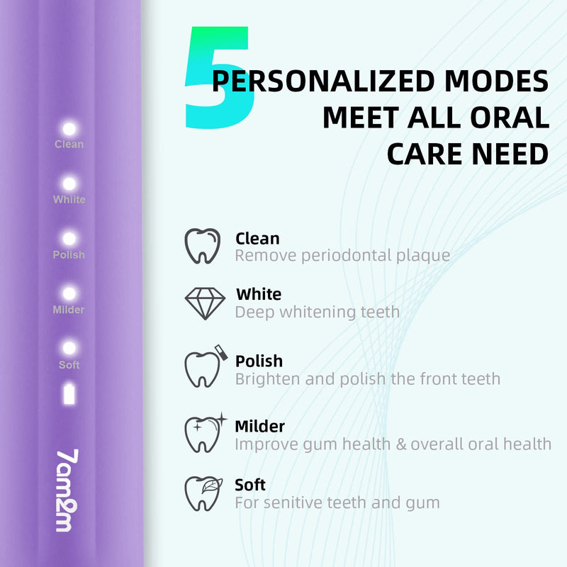 7AM2M Sonic Electric Toothbrush for Adults and Kids, One Charge for 90 Days, with 6 Brush Heads, 5 Modes with 2 Minutes Build in Smart Timer, Roman Column Handle Design(Purple) Purple - NewNest Australia