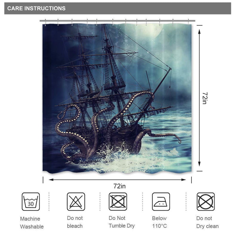 Riyidecor Octopus Kraken Nautical Shower Curtain Pirate Ship Boys Kids Steampunk Sailboat Ocean Bathroom Decor Fabric Polyester Waterproof 72x72 Inch with 12 Pack Hooks 72Wx72H Blue Black - NewNest Australia