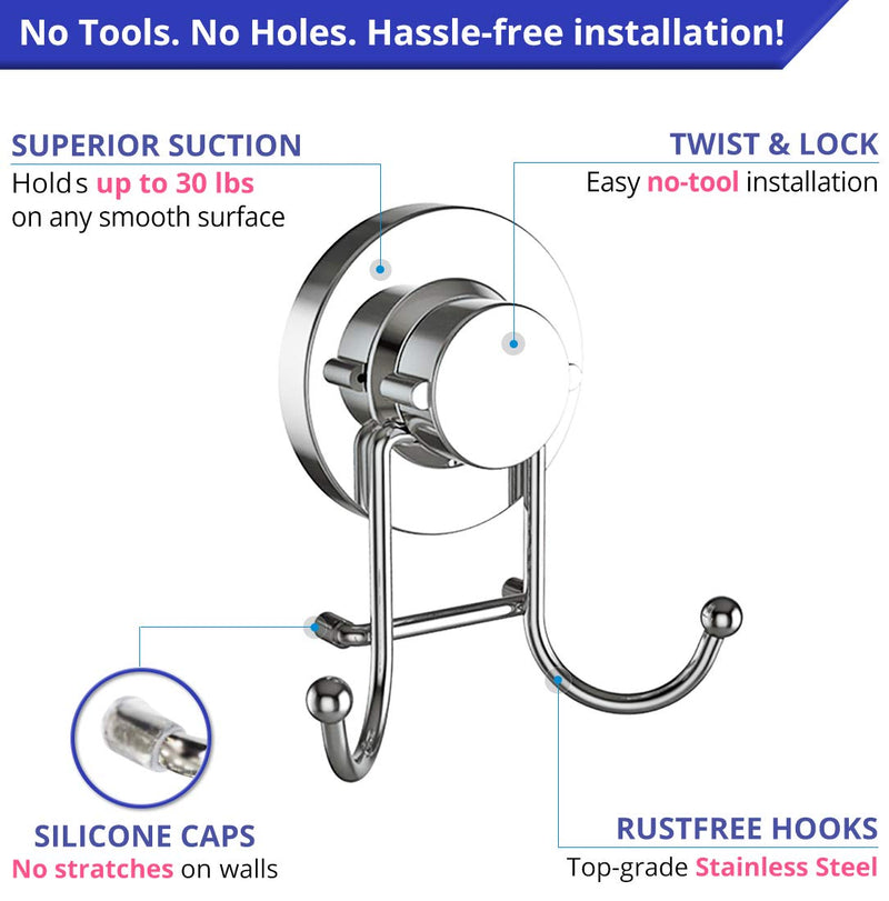 NewNest Australia - HOME SO Suction Cup Hooks for Shower, Bathroom, Kitchen, Glass Door, Mirror, Tile – Loofah, Towel, Coat, Bath Robe Hook Holder for Hanging up to 15 lbs – Rustproof Chrome Stainless Steel (2-Pack) 2 