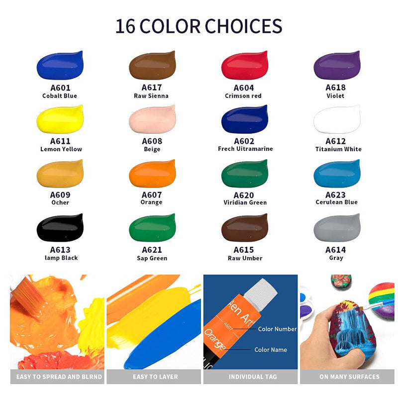 Acrylic Paint Set, Aen Art 16 Colors Painting Supplies for Canvas Wood Fabric Ceramic Crafts, Non Toxic&Rich Pigments for Beginners - NewNest Australia