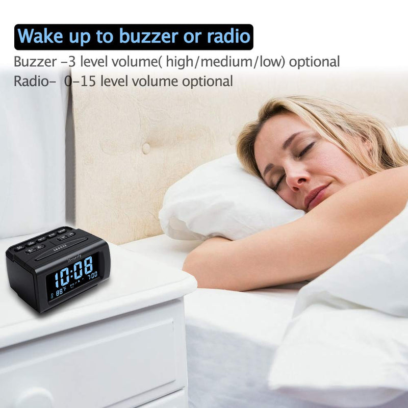 NewNest Australia - DreamSky Decent Alarm Clock Radio with FM Radio, USB Port for Charging, 1.2 Inch Blue Digit Display with Dimmer, Temperature Display, Snooze, Adjustable Alarm Volume, Sleep Timer. Black 