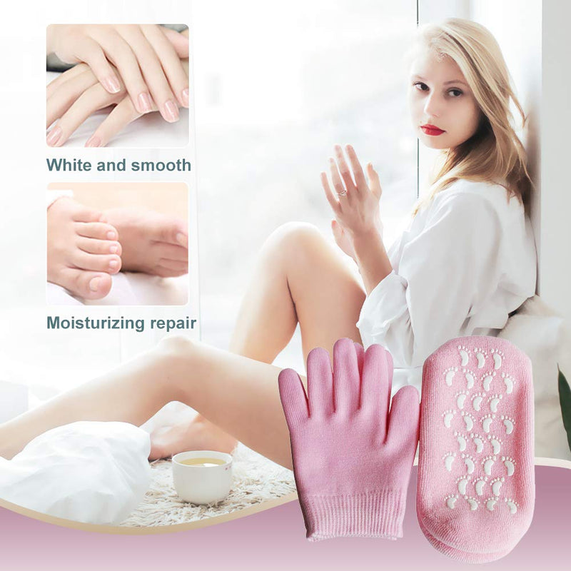 Gel Moisturising Gloves and Spa Socks Cotton for Dry Cracked Heels Feet Skin Repair Treatment for Large Size Women in Dry Hands and Foot Care Overnight by Phenitech(1pair socks & 1pair gloves)(Pink) Pink - NewNest Australia