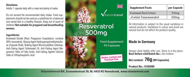 Resveratrol 500mg - 90 capsules made from knotweed extract, high dosage, vegan | Vitamin trend - NewNest Australia