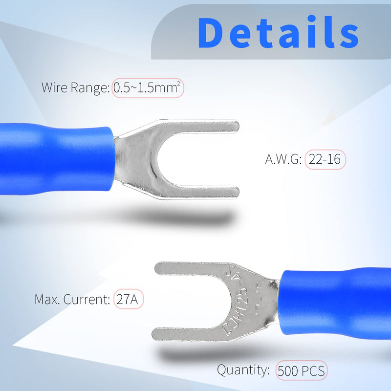 BokWin SV1.25-4S 22-16AWG Blue Insulated Fork Spade Wire Connector Electrical Crimp Terminal 500Pcs - NewNest Australia