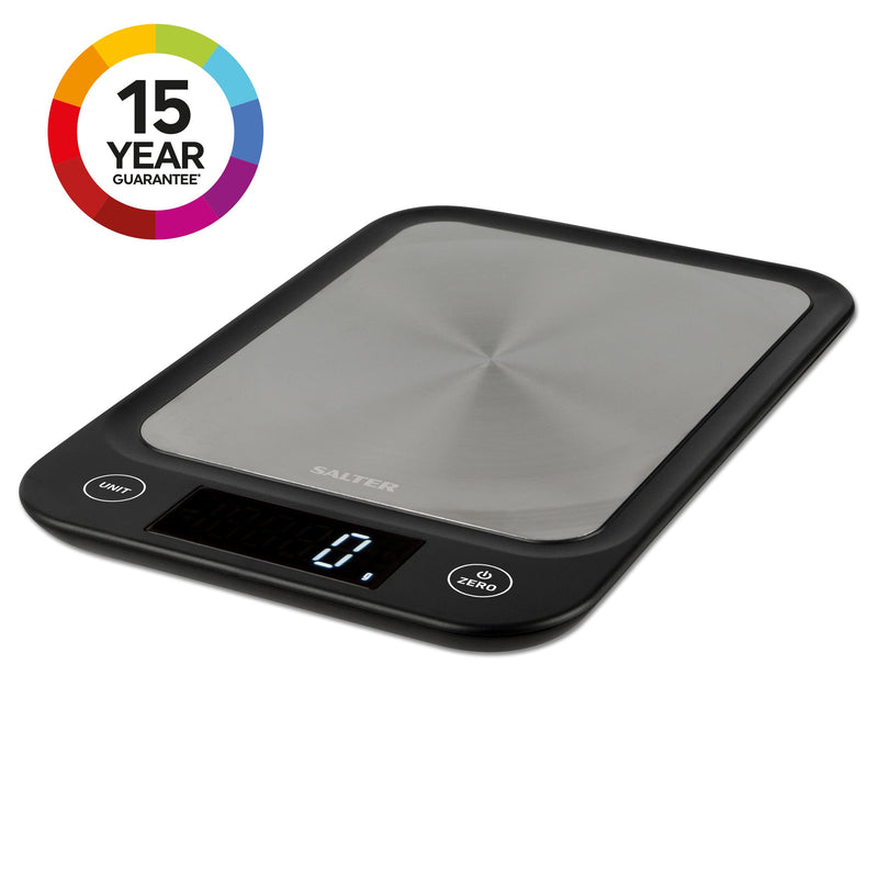 Salter 1068 SSBKDR Ultra Slim Electronic Kitchen Scale, Stainless Steel Platform, Grams & oz. for Baking & Cooking, Easy Clean, Add & Weigh, Measures Liquids, Backlit Display, Black stainless steel Black, Stainless Steel Scales Single - NewNest Australia