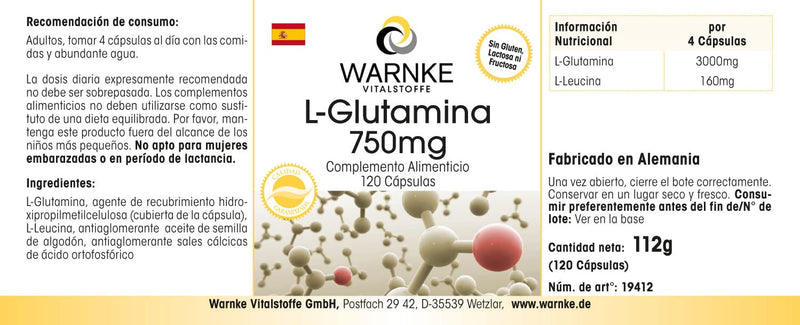 L-Glutamine capsules - 750mg per capsule - vegan & high dosage - free form - 120 capsules | Warnke vital substances - NewNest Australia