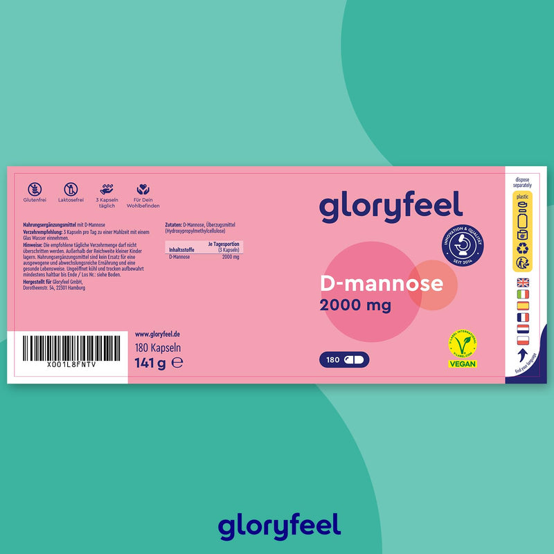 gloryfeel D-Mannose high dose - 2000 mg pure D Mannose per daily serving - 180 capsules from plant origin - 100% vegan, laboratory tested and made in Germany without additives - NewNest Australia
