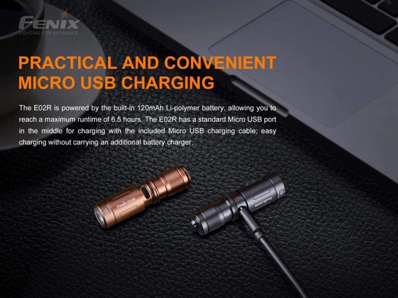 Fenix E02R 200 Lumen Mini USB Rechargeable EDC Keychain Flashlight with EdisonBright charging cable carrying case (Black) Black - NewNest Australia