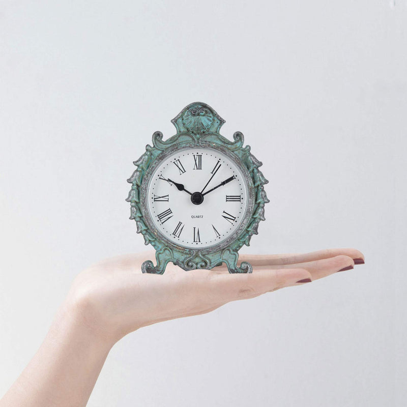 NewNest Australia - NIKKY HOME Baroque Style Pewter Quartz Small Round Table Clock with 3.12'' by 1.35'' by 3.87'', Dark Green 