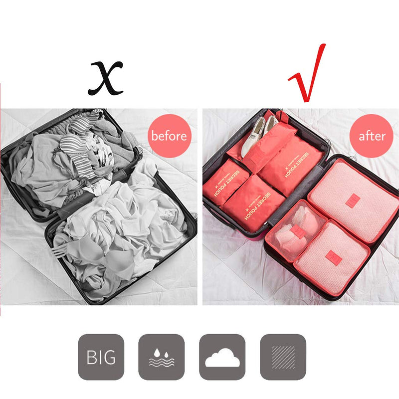 Travel Organiser,DoGeek Travel Essentials Bag 7pcs Packing Cubes for Travel Waterproof Polyester Storage Luggage Travel Storage Bags Clothes Suitcase (Gray) (Watermelon red) 7 Pcs Watermelon Red - NewNest Australia