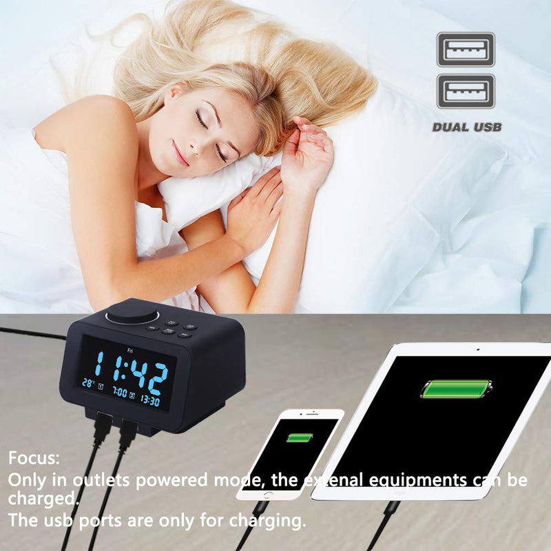 【Upgraded】 Digital Alarm Clock, FM Radio, Dual USB Charging Ports, Temperature Detect, Dual Alarms with 7 Alarm Sounds, Snooze, 6-Level Brightness Dimmer, Batteries Operated, for Bedroom, Sleep Timer - NewNest Australia