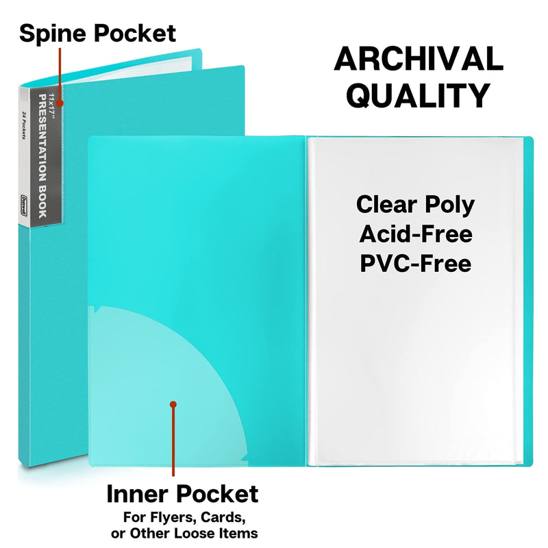 Dunwell 11x17 Binder with Plastic Sleeves - Portfolio Binder 11 x 17 (Aqua), 24-Pocket Bound Presentation Book with Clear Sleeves, Displays 48 Pages of 17x11 Ledger Size Posters, Artwork, Collectibles 1 Pack Aqua - NewNest Australia