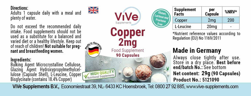 Copper 2 mg - 90 capsules copper bisglycinate - vegan - essential trace element | Quality from Germany from ViVe Supplements - NewNest Australia