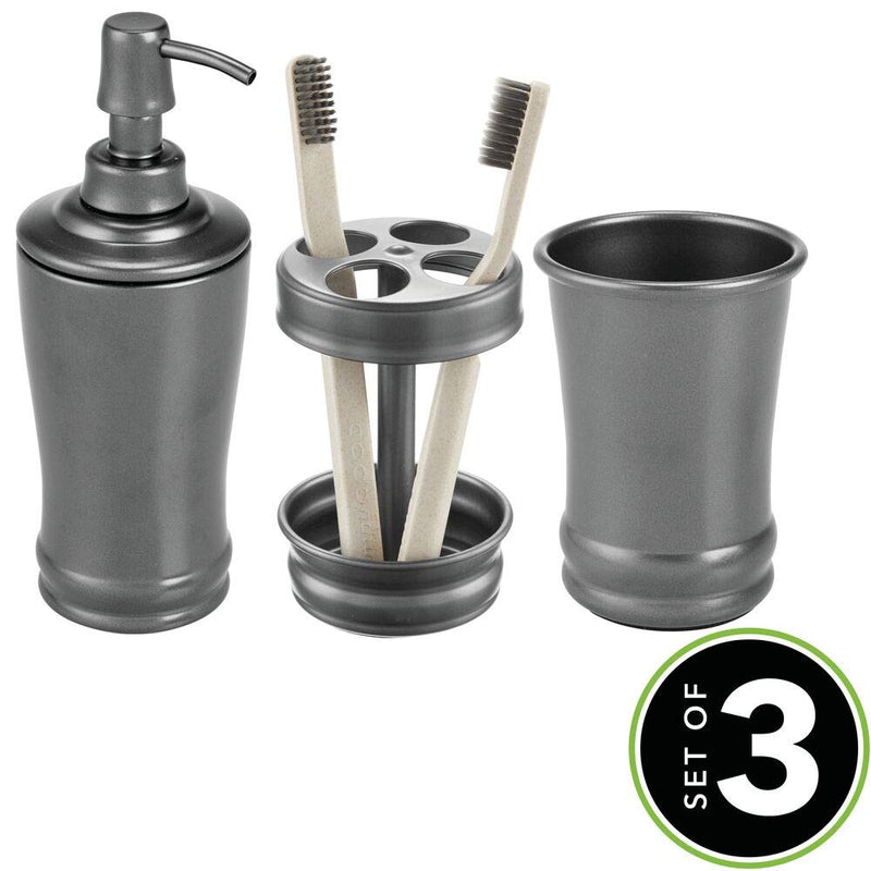 mDesign Metal Bathroom Vanity Countertop Accessory Set - Includes Refillable Soap Dispenser, Divided Toothbrush Stand, Tumbler Rinsing Cup - 3 Pieces - Graphite Gray - NewNest Australia