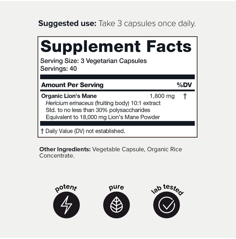 18,000mg 10x Concentrated Ultra High Strength Extract - Made with Organic Lions Mane - 30% Polysaccharides - Highly Concentrated and Bioavailable - 120 Veggie Capsules - NewNest Australia