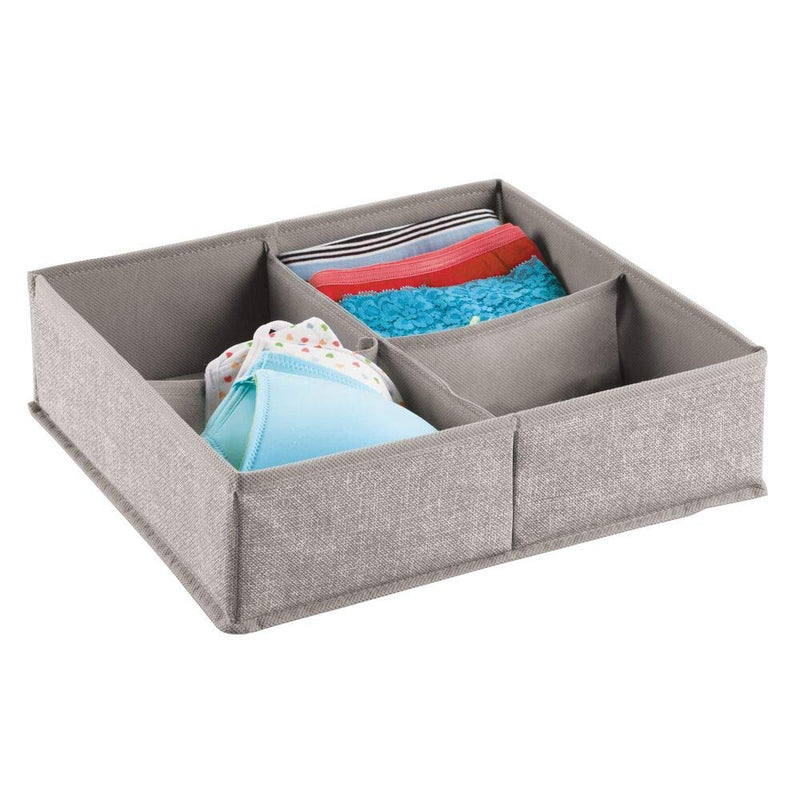 NewNest Australia - mDesign Soft Fabric Dresser Drawer and Closet Storage Organizer Bin for Lingerie, Bras, Socks, Leggings, Clothes, Purses, Scarves - Divided 4 Section Tray - Textured Print, 2 Pack - Linen/Tan 