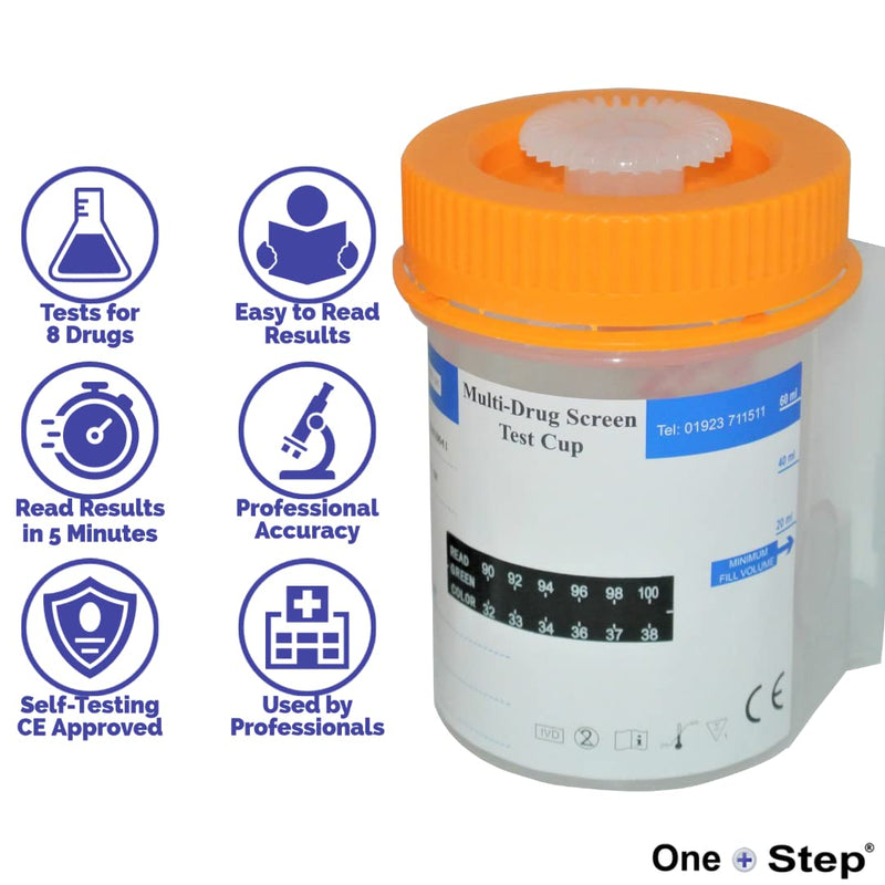 One Step: 1 x Drug Testing Kit Screen for 8 Drugs Using an Integrated Multi Panel Urine Cup, with Adulteration Strip, Cannabis, Cocaine, Opiates and More 1 Count (Pack of 1) - NewNest Australia