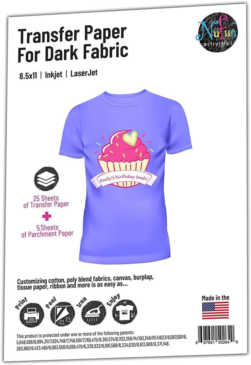 NuFun Activities Inkjet Printable Iron-On Heat Transfer for Dark Fabrics, 8.5 x 11 inch, (25 Sheets) Make Your own Custom T-Shirt 25 Sheets - NewNest Australia