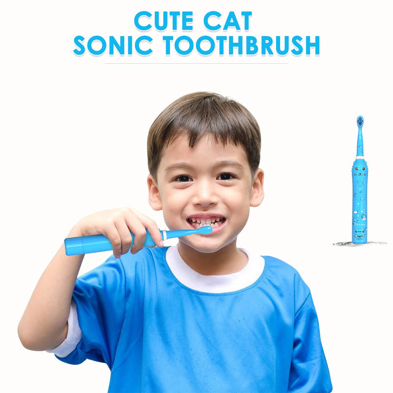 Rechargeable Toothbrush for Children, Sonic Toothbrush for Kids, Smart Electric Toothbrush for Boys Girls Age 3-12, 30s Reminder, 2 Mins Timer, 6 Modes, 8 Brush Heads, Cartoon Design 8650 Blue+ 8 Brush Heads - NewNest Australia