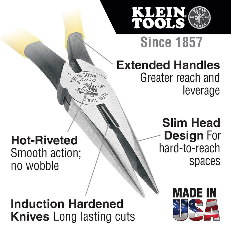 Klein Tools D203-8 Linemans Pliers, Needle Nose Side Cutters, 8-Inch Alligator Pliers with Extended Handle Side Cutting - NewNest Australia